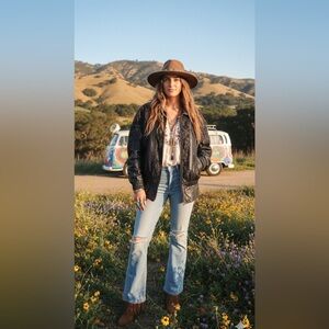 Vintage Genuine Leather coat chinched‎ waist floral detailing